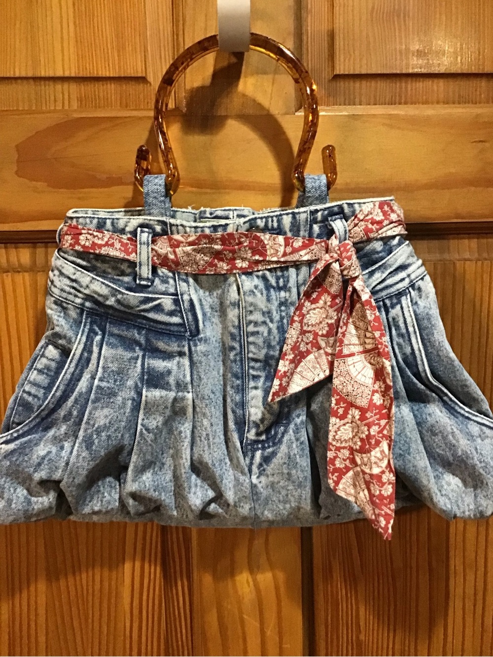 Acid-Wash Denim  Bag with Red Scarf Accent